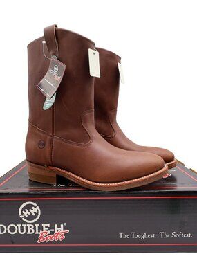 Vintage Double-H Boots Mens 12 D Brown Leather 11" Ranch Wellington USA NWB 2555